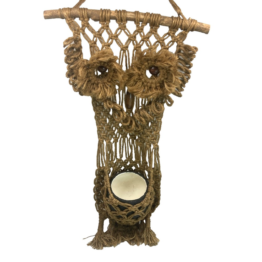 Vintage 1970 Macrame Owl Wall Art Hanging Boho MCM Plant Holder Jute Wood‎ 29"